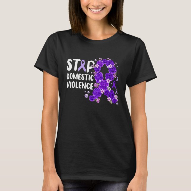Stop Domestic Violence purple roses in ribbon look T-Shirt (Front)