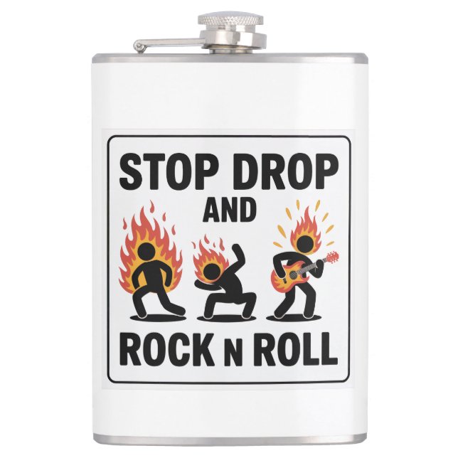 Stop Drop and Rock n Roll – In Case of Fire Hip Flask (Front)