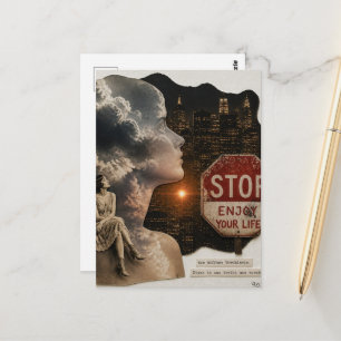 Stop Enjoy Your Life Woman in Night City Collage Postcard
