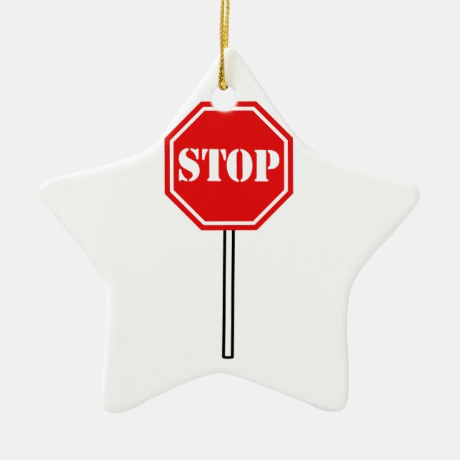 STOP RED WHITE WARNING SIGN HEXAGON SHAPE GRAPHIC CERAMIC TREE DECORATION (Front)