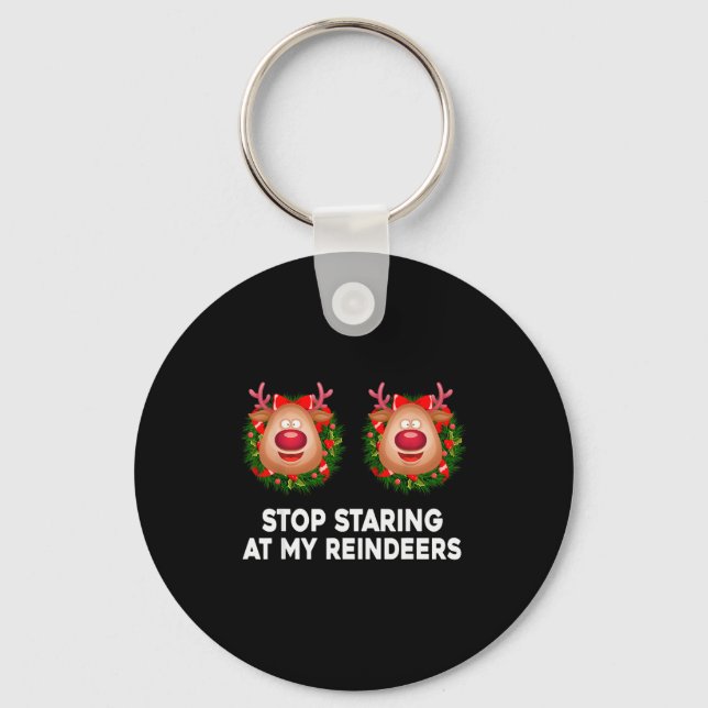 Stop Staring At My Reindeers Ugly Gag Xmas Sweater Key Ring (Front)
