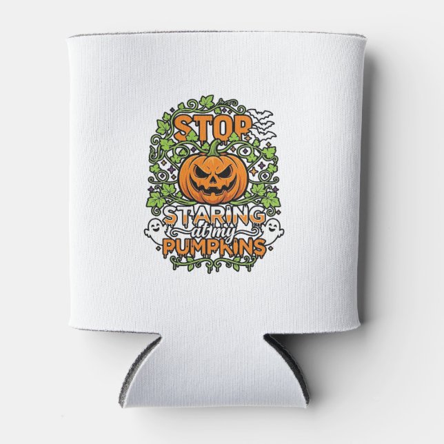 Stop Staring Pumpkins Halloween Ghosts Bats_1 Can Cooler (Front)
