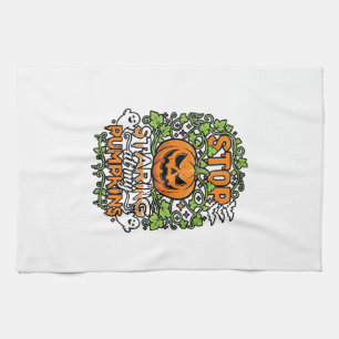 Stop Staring Pumpkins Halloween Ghosts Bats_1 Tea Towel
