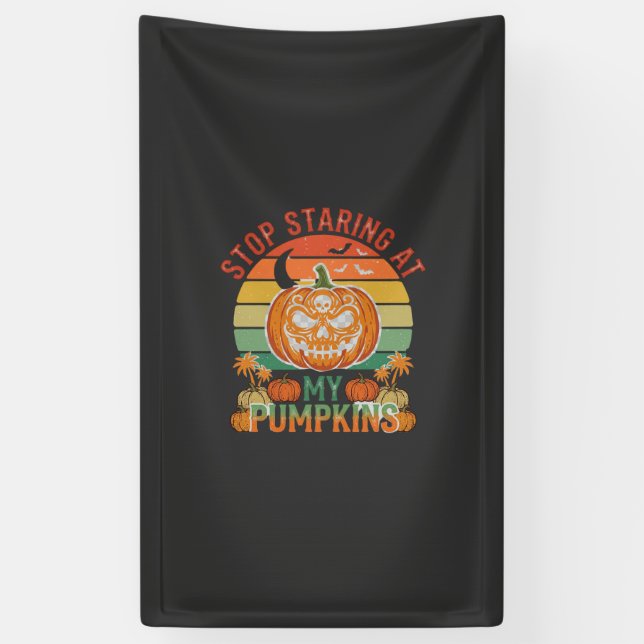 Stop Staring Pumpkins Halloween Skull Retro Sunset Banner (Vertical)