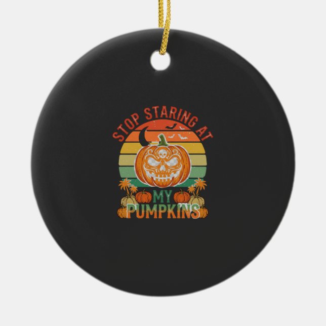 Stop Staring Pumpkins Halloween Skull Retro Sunset Ceramic Tree Decoration (Front)