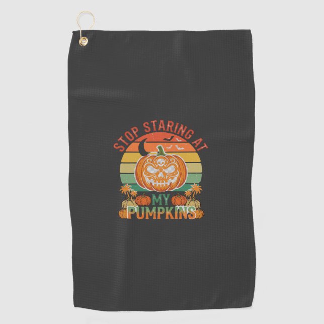 Stop Staring Pumpkins Halloween Skull Retro Sunset Golf Towel (Front)