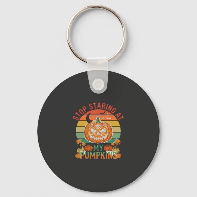 Stop Staring Pumpkins Halloween Skull Retro Sunset Key Ring (Front)