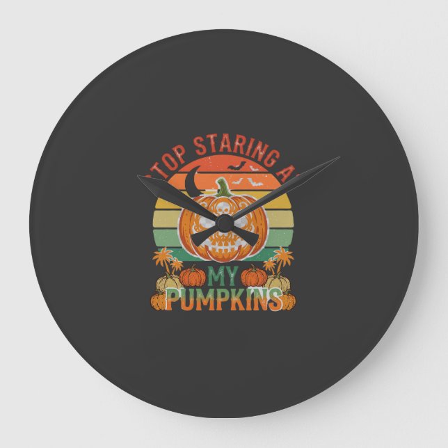 Stop Staring Pumpkins Halloween Skull Retro Sunset Large Clock (Front)