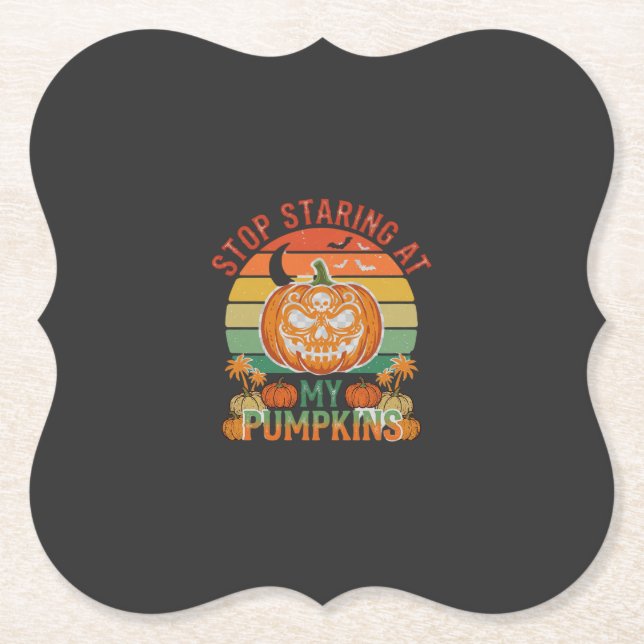 Stop Staring Pumpkins Halloween Skull Retro Sunset Paper Coaster (Front)