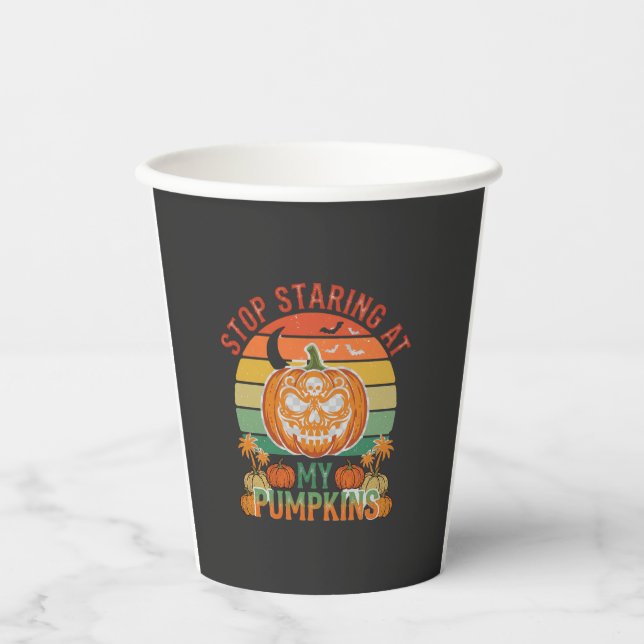 Stop Staring Pumpkins Halloween Skull Retro Sunset Paper Cups (Front)