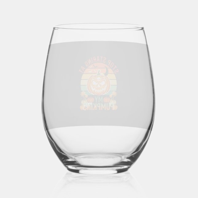 Stop Staring Pumpkins Halloween Skull Retro Sunset Stemless Wine Glass (Front)