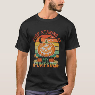Stop Staring Pumpkins Halloween Skull Retro Sunset T-Shirt