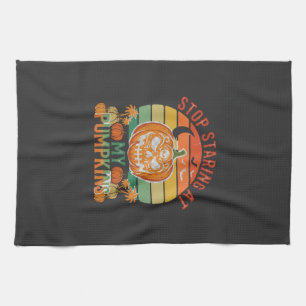 Stop Staring Pumpkins Halloween Skull Retro Sunset Tea Towel