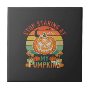 Stop Staring Pumpkins Halloween Skull Retro Sunset Tile