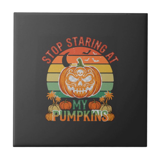 Stop Staring Pumpkins Halloween Skull Retro Sunset Tile (Front)