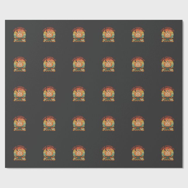 Stop Staring Pumpkins Halloween Skull Retro Sunset Wrapping Paper (Flat)