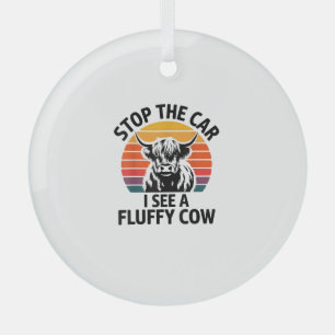 Stop The Car I See Fluffy Cow Retro Highland Cow L Glass Tree Decoration