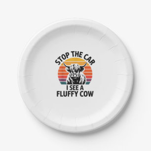 Stop The Car I See Fluffy Cow Retro Highland Cow L Paper Plate