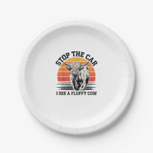 Stop The Car I See Fluffy Cow Retro Highland Cow L Paper Plate