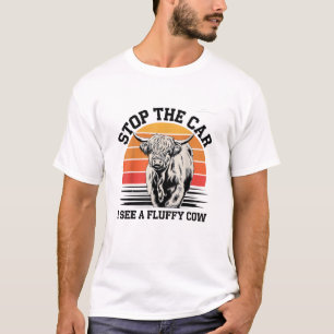 Stop The Car I See Fluffy Cow Retro Highland Cow L T-Shirt