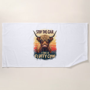 Stop The Car I See Fluffy Cow Retro Highland Cow p Beach Towel