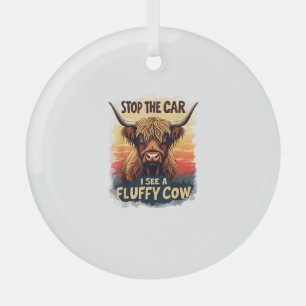 Stop The Car I See Fluffy Cow Retro Highland Cow p Glass Tree Decoration
