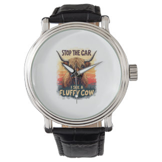 Stop The Car I See Fluffy Cow Retro Highland Cow p Watch