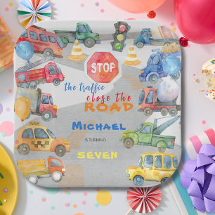 Stop the traffic close the road cars boy birthday paper plate