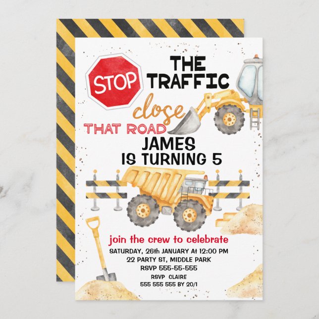 Stop The Traffic Close The Road Construction  Invitation (Front/Back)