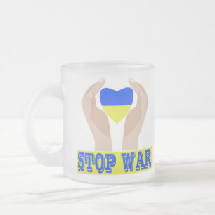 Stop war Ukrainian flag heart in hands   Frosted Glass Coffee Mug