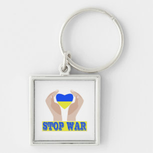 Stop war Ukrainian flag heart in hands Key Ring