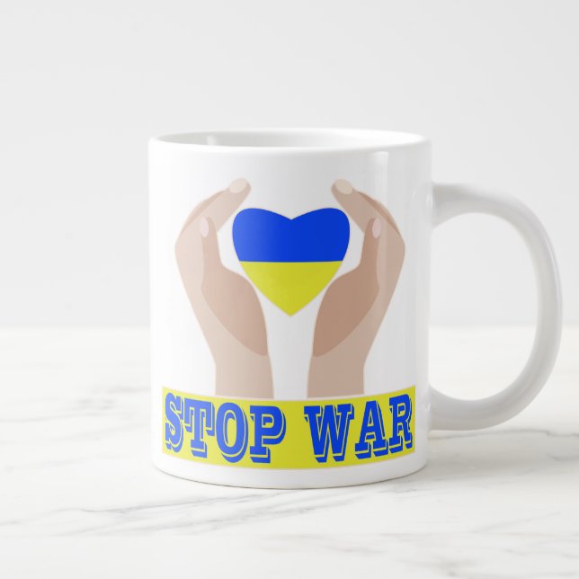 Stop war Ukrainian flag heart in hands   Large Coffee Mug (Right)