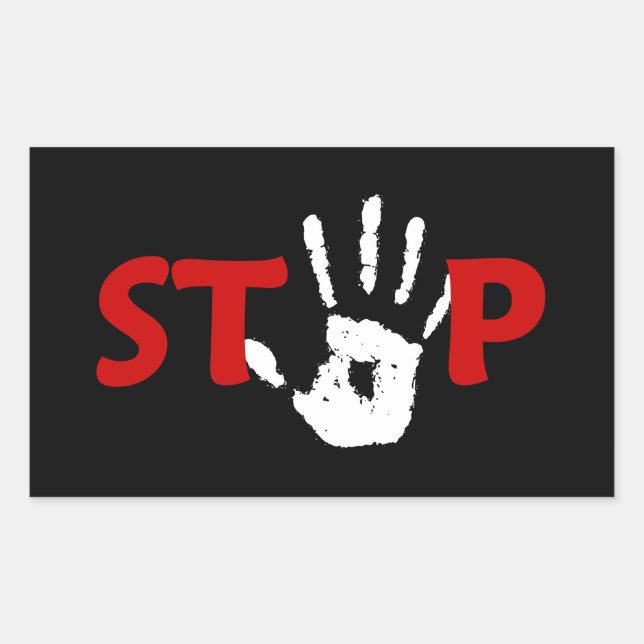 Stop with Handprint Rectangular Sticker (Front)