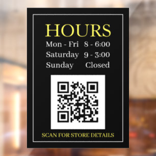 Store Hours Open Sign, QR Code, Black Yellow White Window Cling