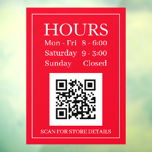 Store Hours Open Sign, QR Code, Red & White Window Cling