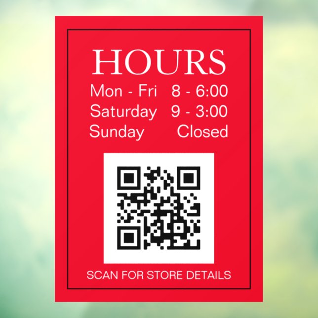 Store Hours Open Sign, QR Code, White Text on Red  Window Cling (Sheet 3)