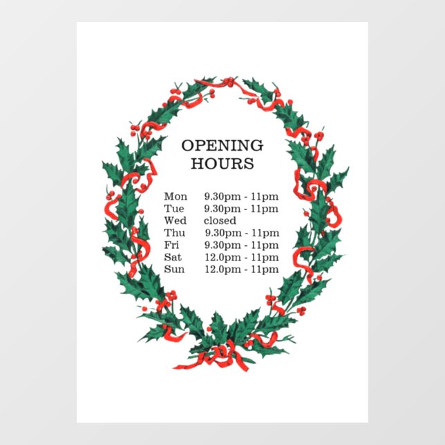 Store Opening Hour for Christmas Window Cling (Sheet)