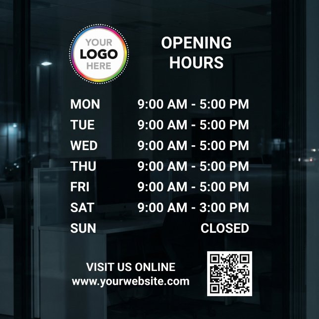 Store Opening Hours Signage With QR Code - Modern Window Cling (Creator Uploaded)