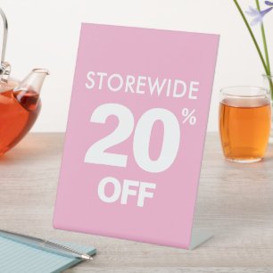 Storewide Sale Sign, 20% Off Tabletop Sign, Pink Pedestal Sign