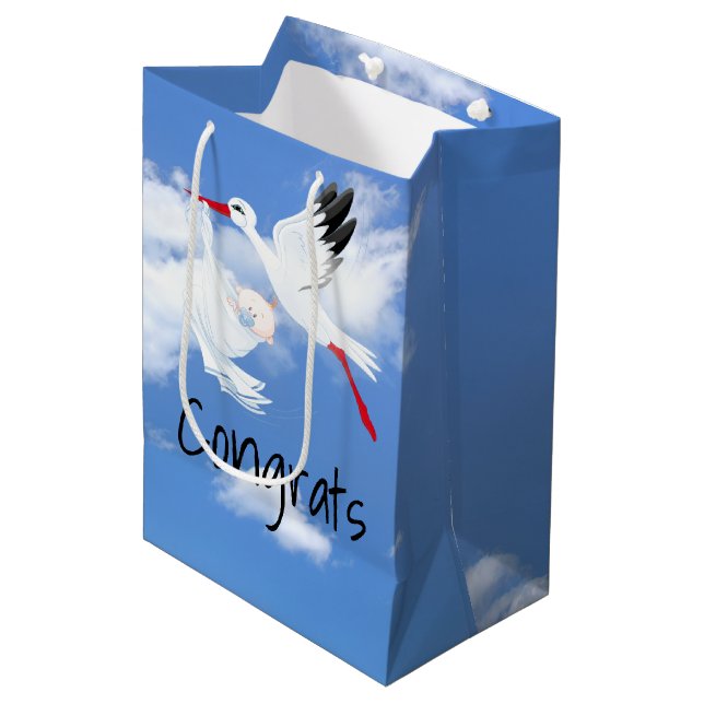 Stork and Baby Boy in Clouds Medium Gift Bag (Front Angled)