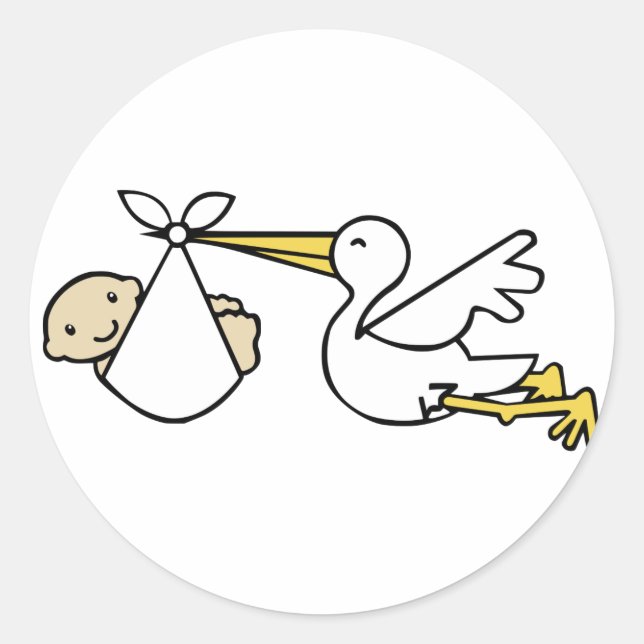 Stork and baby Cartoon Cute Birth Announcement Classic Round Sticker (Front)