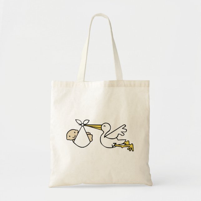 Stork and baby Cartoon Cute Birth Announcement Tote Bag (Front)