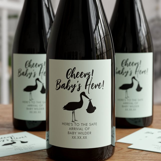 Stork and Baby Cheers Gender Neutral Sage Green Wine Label (Cheers! Baby's Here! Celebrate your little one with these stork wine labels. Add your details!)