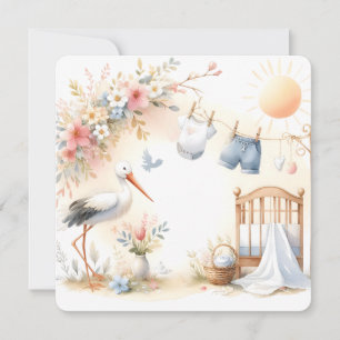 Stork and Baby Clothes Soft Pastel Baby Background Invitation
