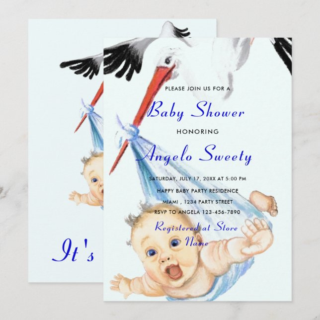 Stork and Baby Funny Baby Boy Shower Invitation (Front/Back)