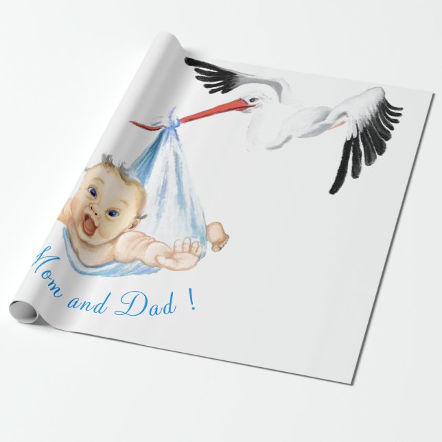 Stork and Baby Funny Baby Shower Wrapping Paper (Unrolled)