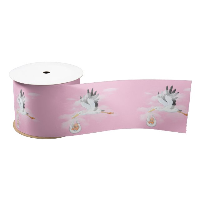 Stork and Baby on Pink Satin Ribbon (Spool)
