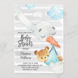 Stork and Bear Cub Boy Baby Shower Blue & Grey Invitation