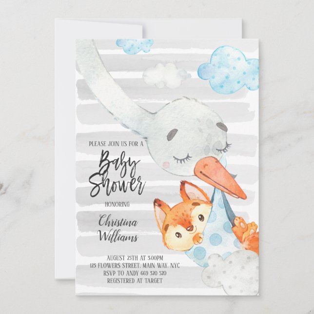Stork and Fox Cub Boy Baby Shower Blue & Grey Cute Invitation (Front)