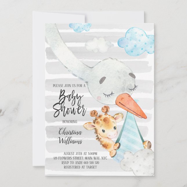 Stork and Giraffe Cub Boy Baby Shower Blue & Grey Invitation (Front)